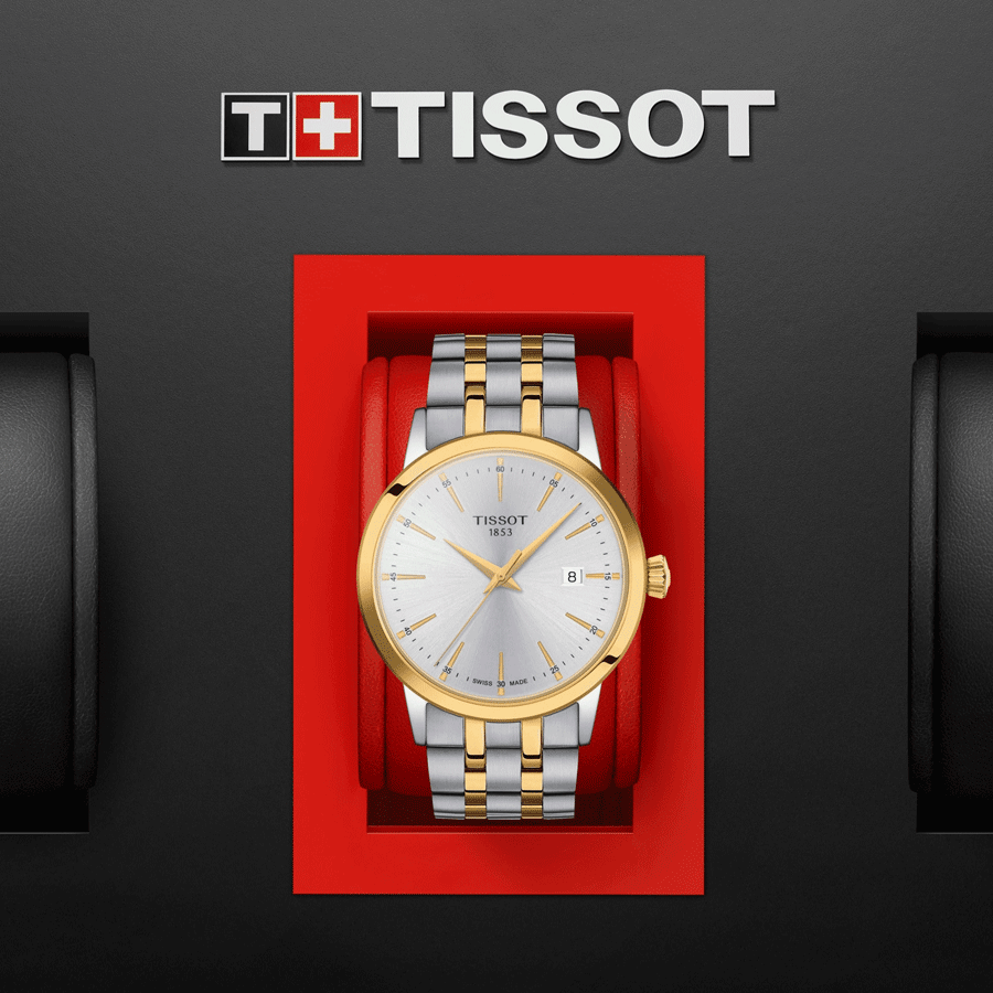 Montre Tissot Classic Dream quartz couleur or jaune cadran argent bracelet acier 42 mm T129.410.22.031.00
