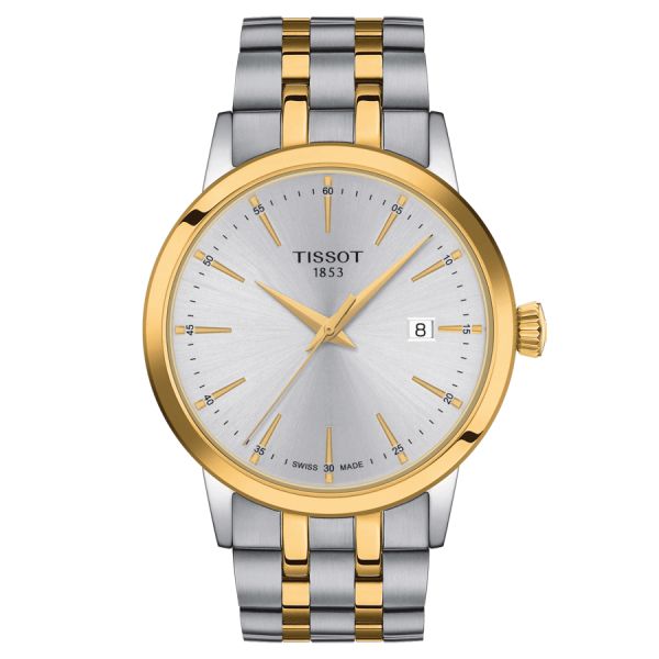 Montre Tissot Classic Dream quartz couleur or jaune cadran argent bracelet acier 42 mm T129.410.22.031.00