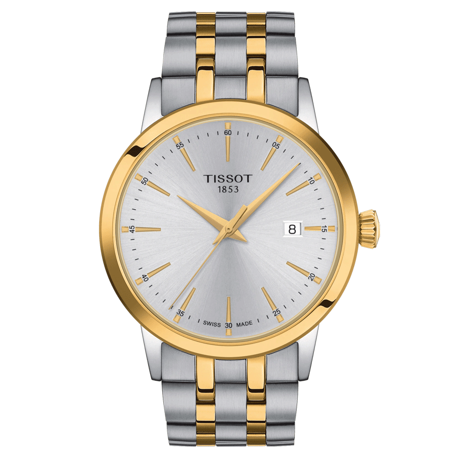 Montre Tissot Classic Dream quartz couleur or jaune cadran argent bracelet acier 42 mm T129.410.22.031.00