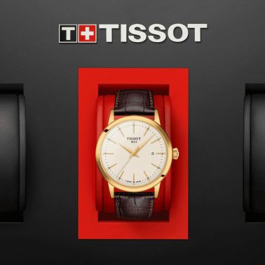 Tissot Classic Dream yellow gold color quartz watch ivory dial brown leather strap 42 mm