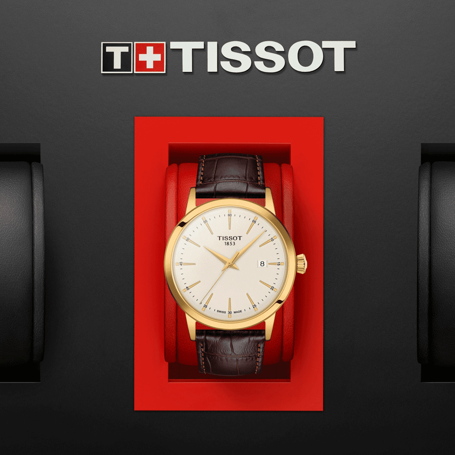 Tissot Classic Dream yellow gold color quartz watch ivory dial brown leather strap 42 mm