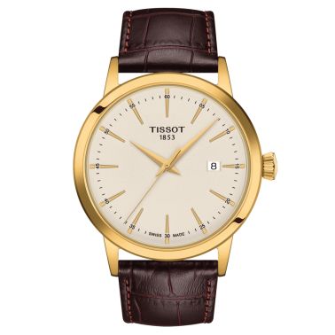 Tissot Classic Dream yellow gold color quartz watch ivory dial brown leather strap 42 mm