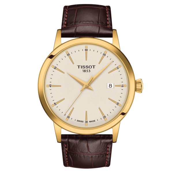Tissot Classic Dream yellow gold color quartz watch ivory dial brown leather strap 42 mm