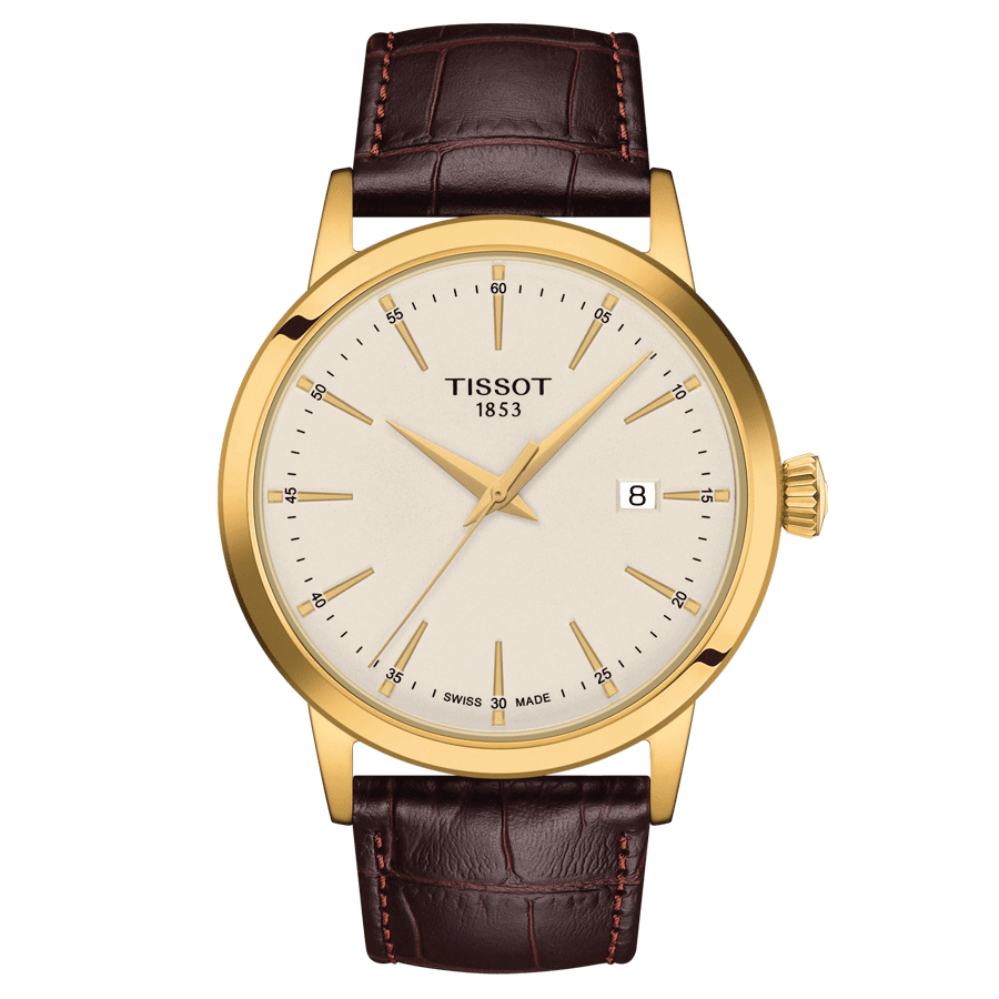 Montre Tissot Classic Dream quartz couleur or jaune cadran ivoire bracelet cuir marron 42 mm T129.410.36.261.00