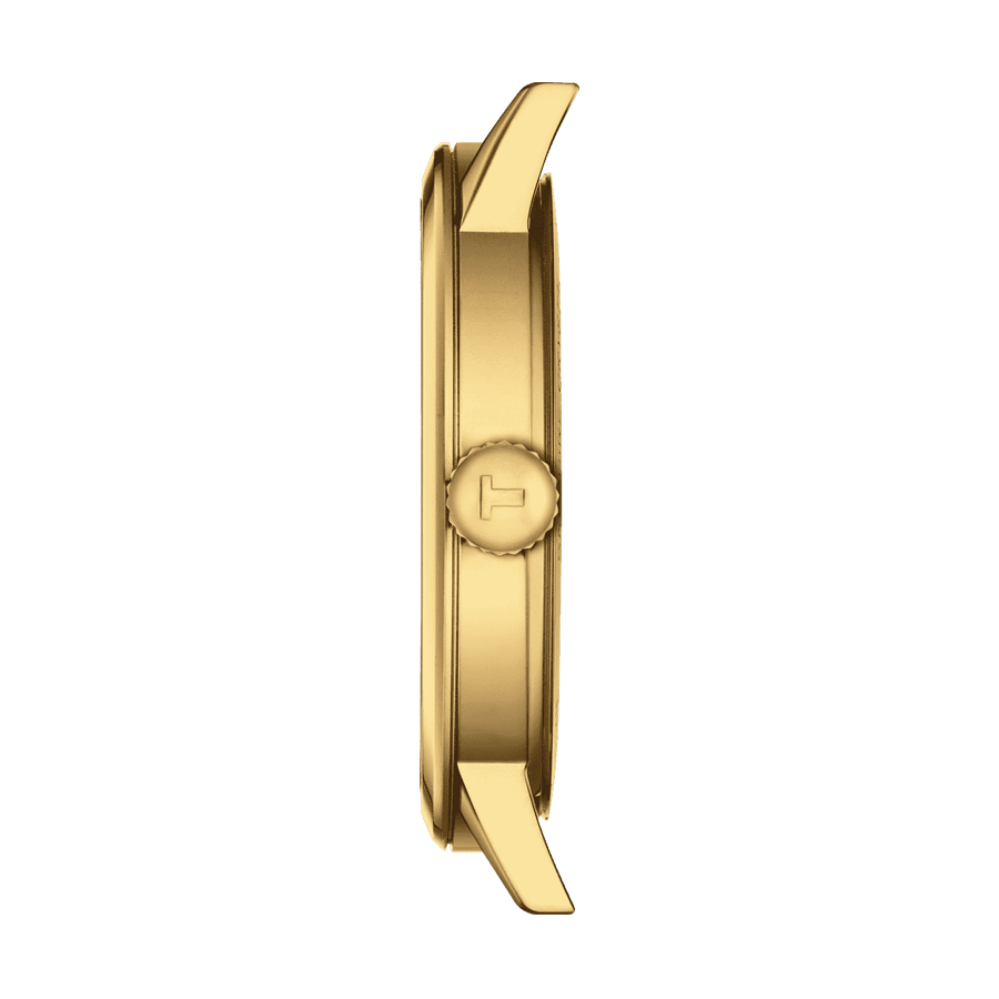 Montre Tissot Classic Dream quartz couleur or jaune cadran ivoire bracelet cuir marron 42 mm T129.410.36.261.00