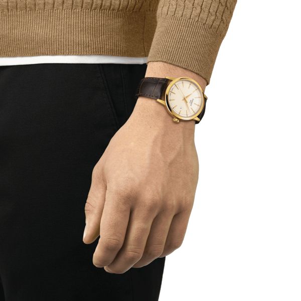Tissot Classic Dream yellow gold color quartz watch ivory dial brown leather strap 42 mm