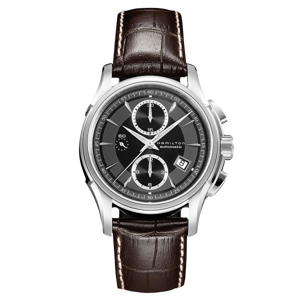 Montre Hamilton Jazzmaster chronographe cadran noir bracelet cuir noir façon croco 42 mm H32616533