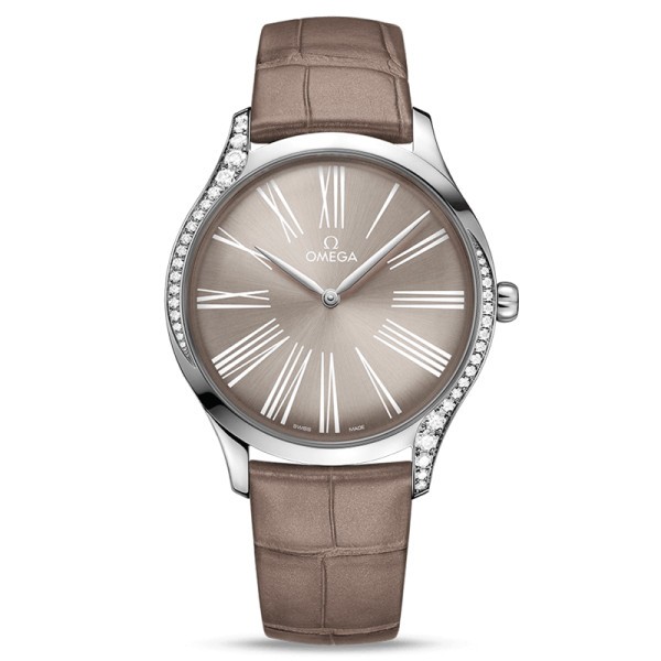 Montre Omega De Ville Trésor quartz cadran gris bracelet cuir taupe 39 mm