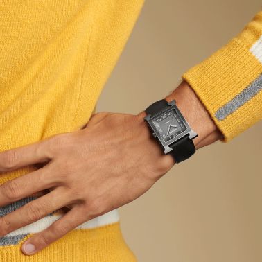 HERMÈS Heure H Titanium automatic watch black dial black leather strap 34 mm W054131WW00