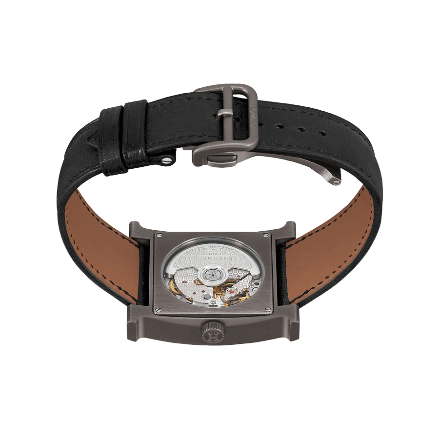 HERMÈS Heure H Titanium automatic watch black dial black leather strap 34 mm W054131WW00
