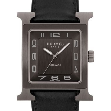 HERMÈS Heure H Titanium automatic watch black dial black leather strap 34 mm W054131WW00