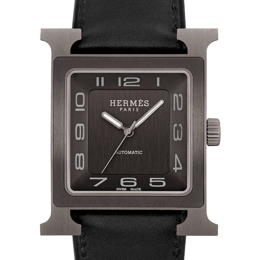HERMÈS Heure H Titanium automatic watch black dial black leather strap 34 mm W054131WW00