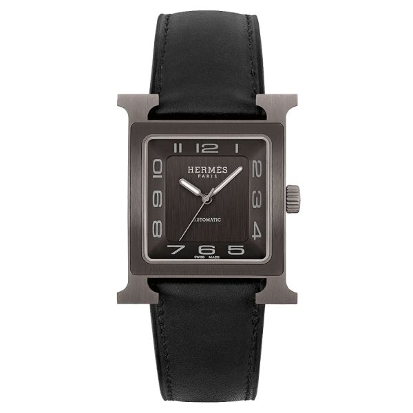 HERMÈS Heure H Titanium automatic watch black dial black leather strap 34 mm W054131WW00