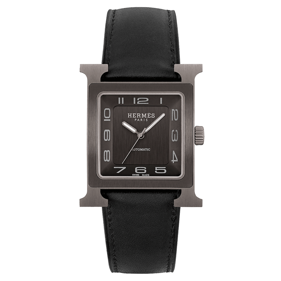 HERMÈS Heure H Titanium automatic watch black dial black leather strap 34 mm W054131WW00