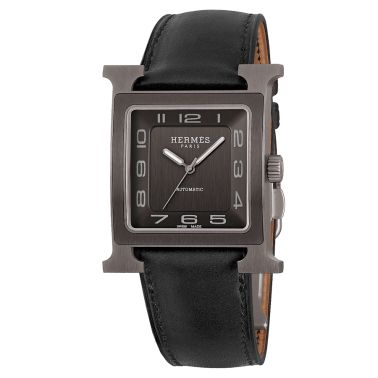 HERMÈS Heure H Titanium automatic watch black dial black leather strap 34 mm W054131WW00
