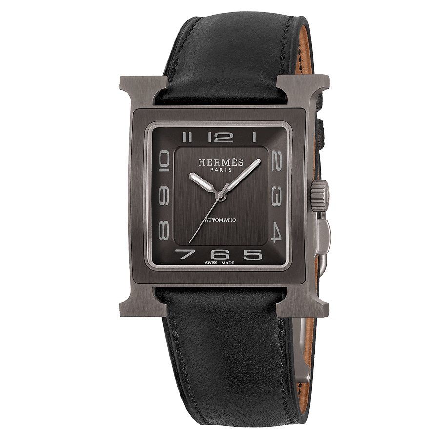 HERMÈS Heure H Titanium automatic watch black dial black leather strap 34 mm W054131WW00