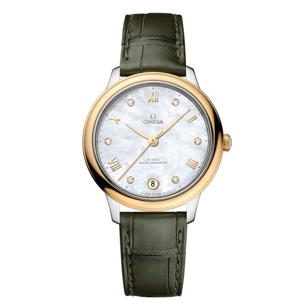 Montre Omega De Ville Prestige Co-Axial Master Chronometer Or et Acier cadran nacre blanche bracelet cuir 34 mm
