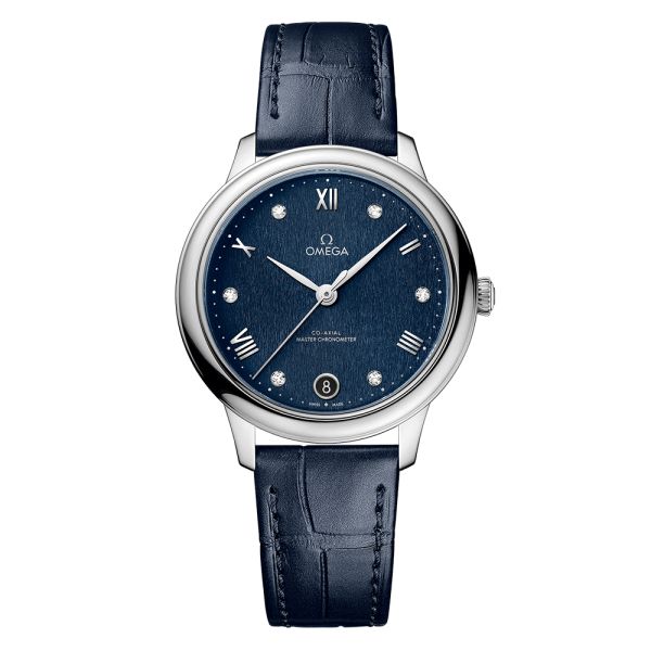 Montre Omega De Ville Prestige Co-Axial Master Chronometer cadran bleu index diamant bracelet cuir 34 mm