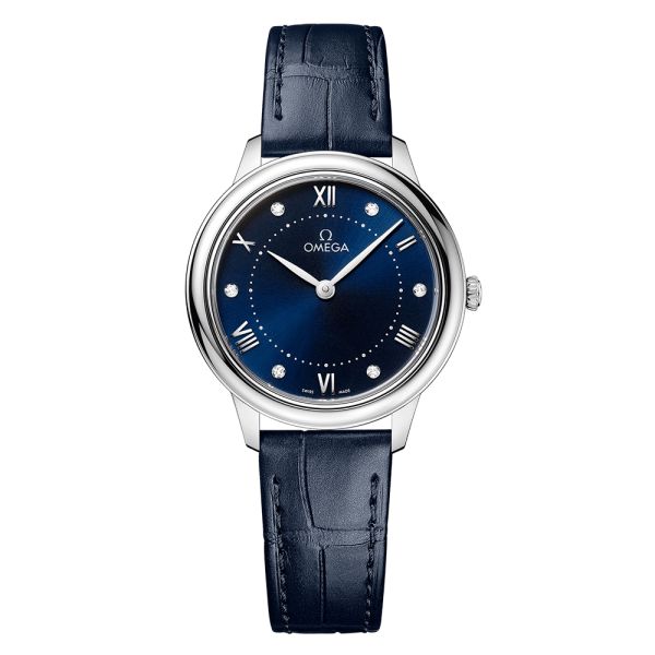 Montre Omega De Ville Prestige Quartz cadran bleu index diamant bracelet cuir 30 mm