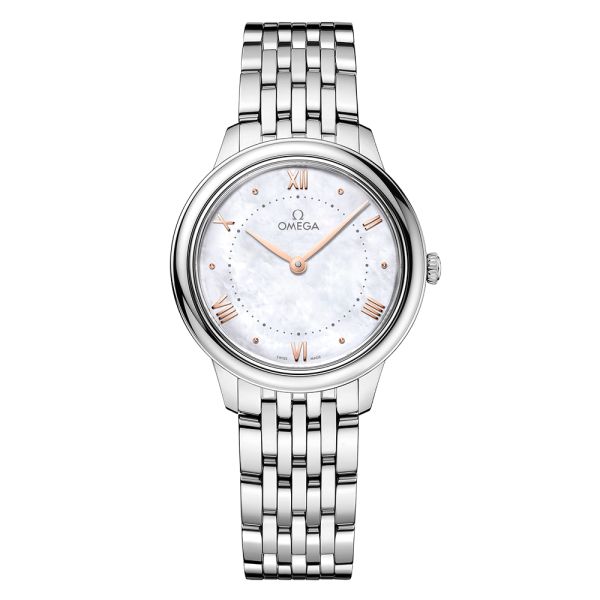 Montre Omega De Ville Prestige Quartz cadran nacre blanche bracelet acier 30 mm