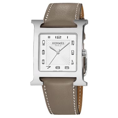 HERMÈS Heure H Large Model quartz watch white dial taupe leather strap 34 mm W036835WW00