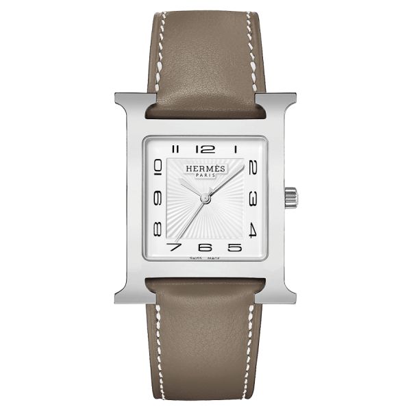 HERMÈS Heure H Large Model quartz watch white dial taupe leather strap 34 mm W036835WW00