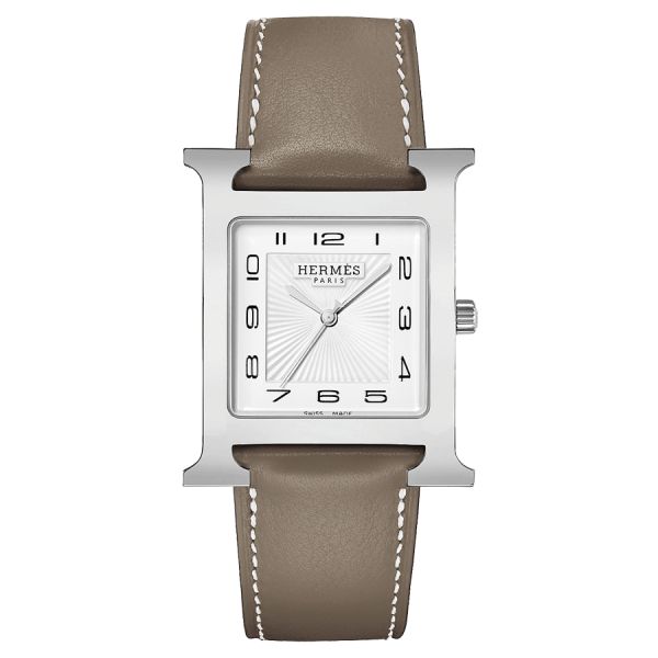 Montre HERMÈS Heure H Grand Modèle quartz cadran blanc bracelet cuir taupe 34 mm W036835WW00