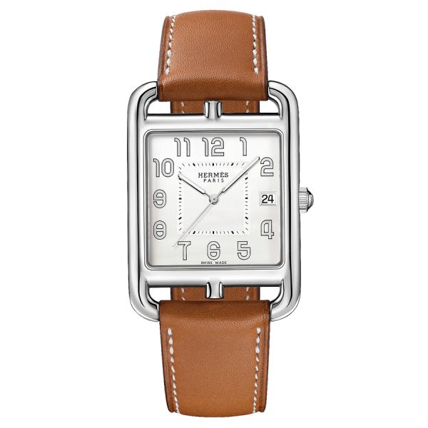 HERMÈS Cape Cod quartz watch silver dial brown leather strap 41 mm W044344WW00