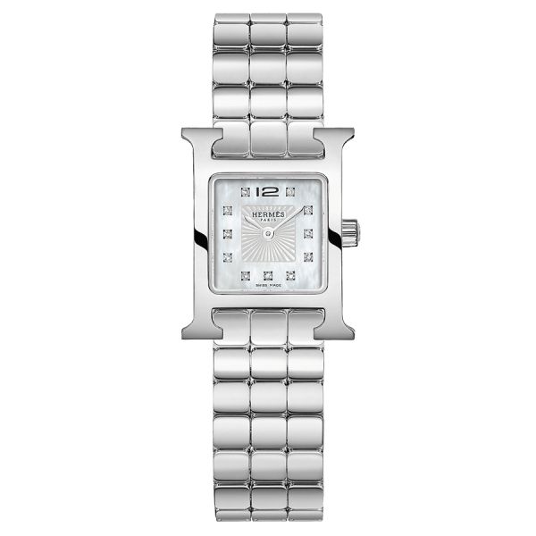 HERMÈS HEure H Mini Model quartz diamond markers white mother-of-pearl dial steel bracelet 21 mm W054112WW00