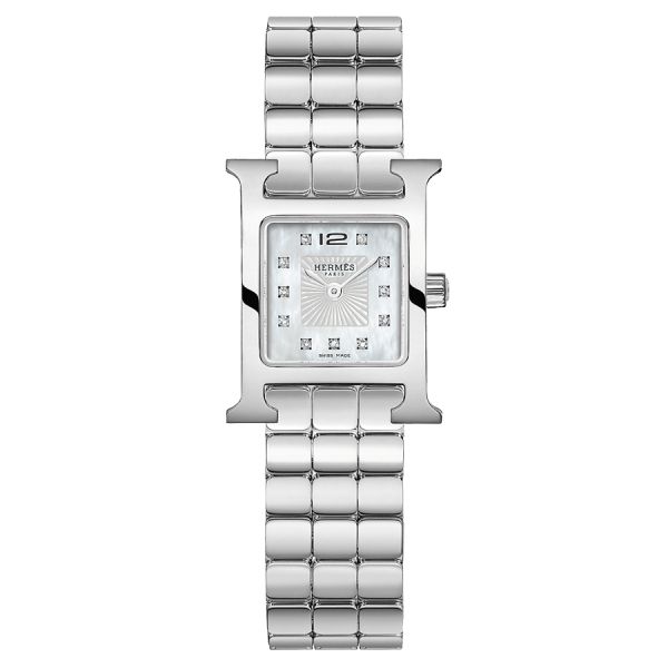 Montre HERMÈS Heure H Mini Modèle quartz index diamants cadran nacre blanche bracelet acier 21 mm W054112WW00