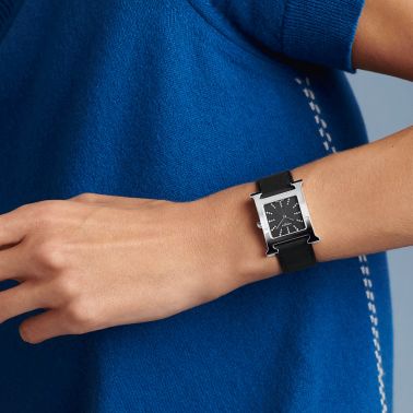 Montre HERMÈS Heure H Moyen Modèle quartz index diamants cadran PVD noir bracelet cuir noir 30 mm W054128WW00