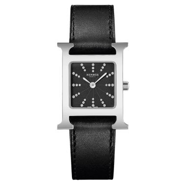 Montre HERMÈS Heure H Moyen Modèle quartz index diamants cadran PVD noir bracelet cuir noir 30 mm W054128WW00