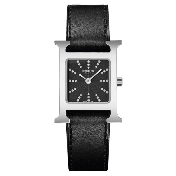 HERMÈS Heure H Moyen Model quartz diamond markers black PVD dial black leather strap 30 mm W054128WW00