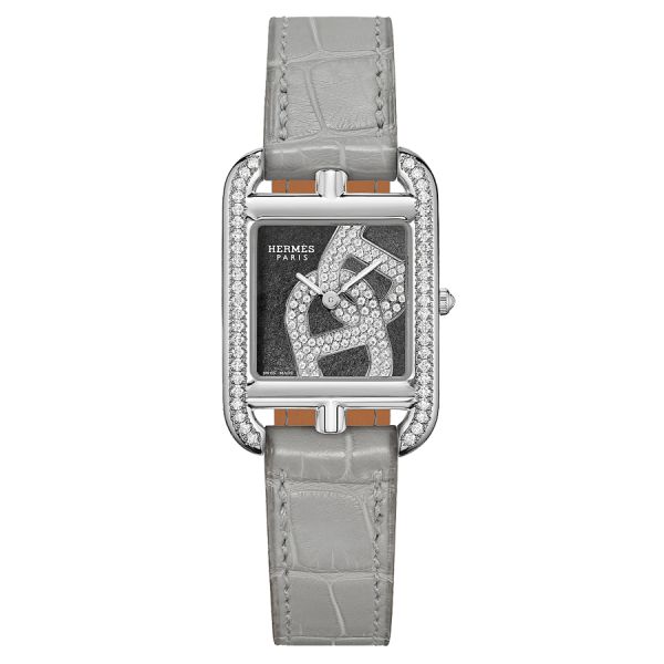 HERMÈS Cape Cod Chaîne D'Ancre Joaillier Petit Modèle quartz watch obsidian dial set with diamonds grey leather strap 31 mm W054
