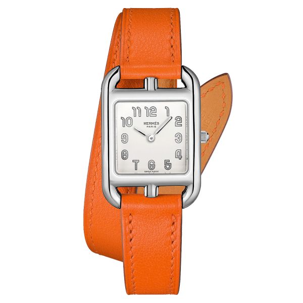 Montre HERMÈS Cape Cod Petit Modèle quartz cadran argenté opalin bracelet double cuir orange 31 mm W040243WW00