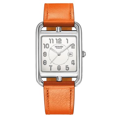 Montre HERMÈS Cape Cod Grand Modèle quartz cadran argenté opalin bracelet cuir orange 37 mm W043642WW00