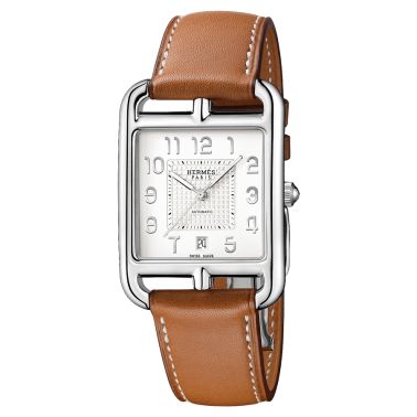Montre HERMÈS Cape Cod Très Grand Modèle automatique cadran argenté opalin bracelet cuir marron 41 mm W055248WW00