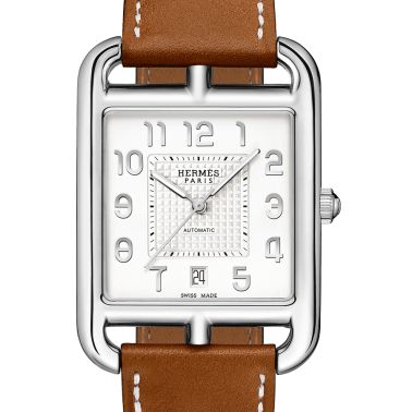 HERMÈS Cape Cod Très Grand Modèle automatic watch silver opaline dial brown leather strap 41 mm W055248WW00