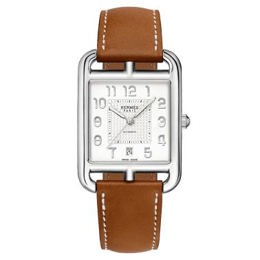 Montre HERMÈS Cape Cod Très Grand Modèle automatique cadran argenté opalin bracelet cuir marron 41 mm W055248WW00