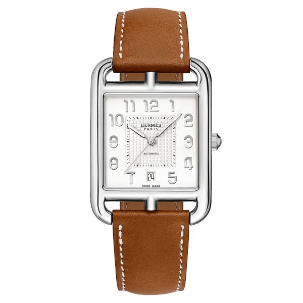 HERMÈS Cape Cod Très Grand Modèle automatic watch silver opaline dial brown leather strap 41 mm W055248WW00