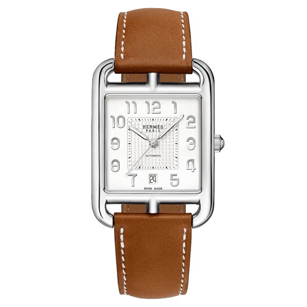 Montre HERMÈS Cape Cod Très Grand Modèle automatique cadran argenté opalin bracelet cuir marron 41 mm W055248WW00