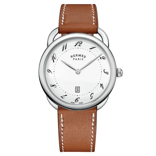 HERMÈS Arceau Grand Modèle quartz watch white lacquered dial brown leather strap 40 mm W044822WW00