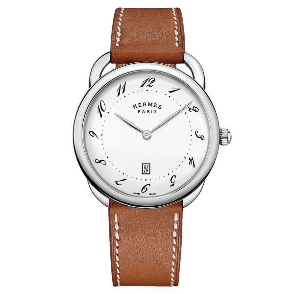 Montre HERMÈS Arceau Grand Modèle quartz cadran laqué blanc bracelet cuir marron 40 mm W044822WW00