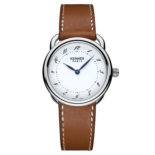 Montre HERMÈS Arceau Petit Modèle quartz cadran blanc mat bracelet cuir marron 28 mm W040135WW00