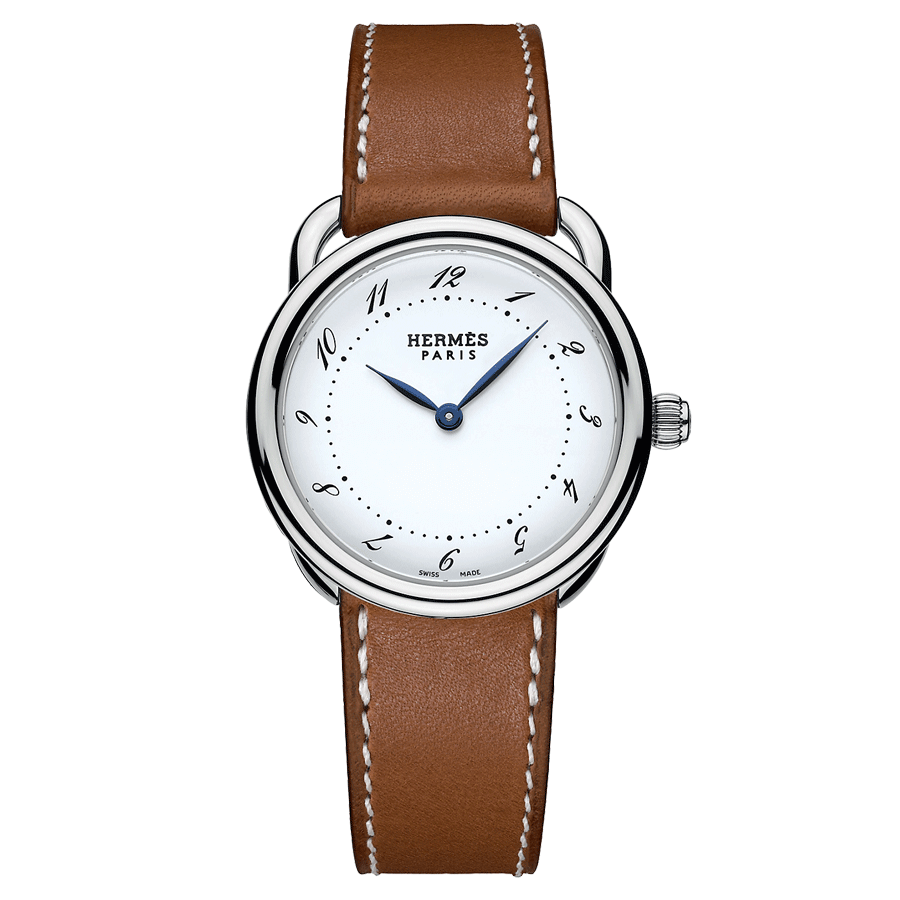 Montre HERMÈS Arceau Petit Modèle quartz cadran blanc mat bracelet cuir marron 28 mm W040135WW00