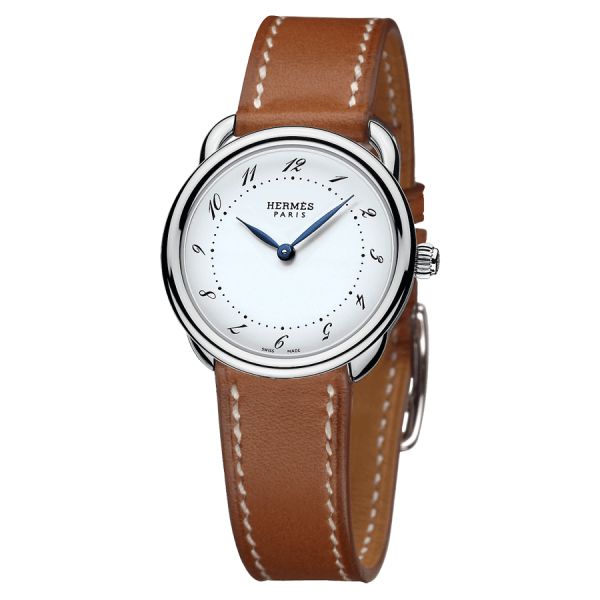 Montre HERMÈS Arceau Petit Modèle quartz cadran blanc mat bracelet cuir marron 28 mm W040135WW00
