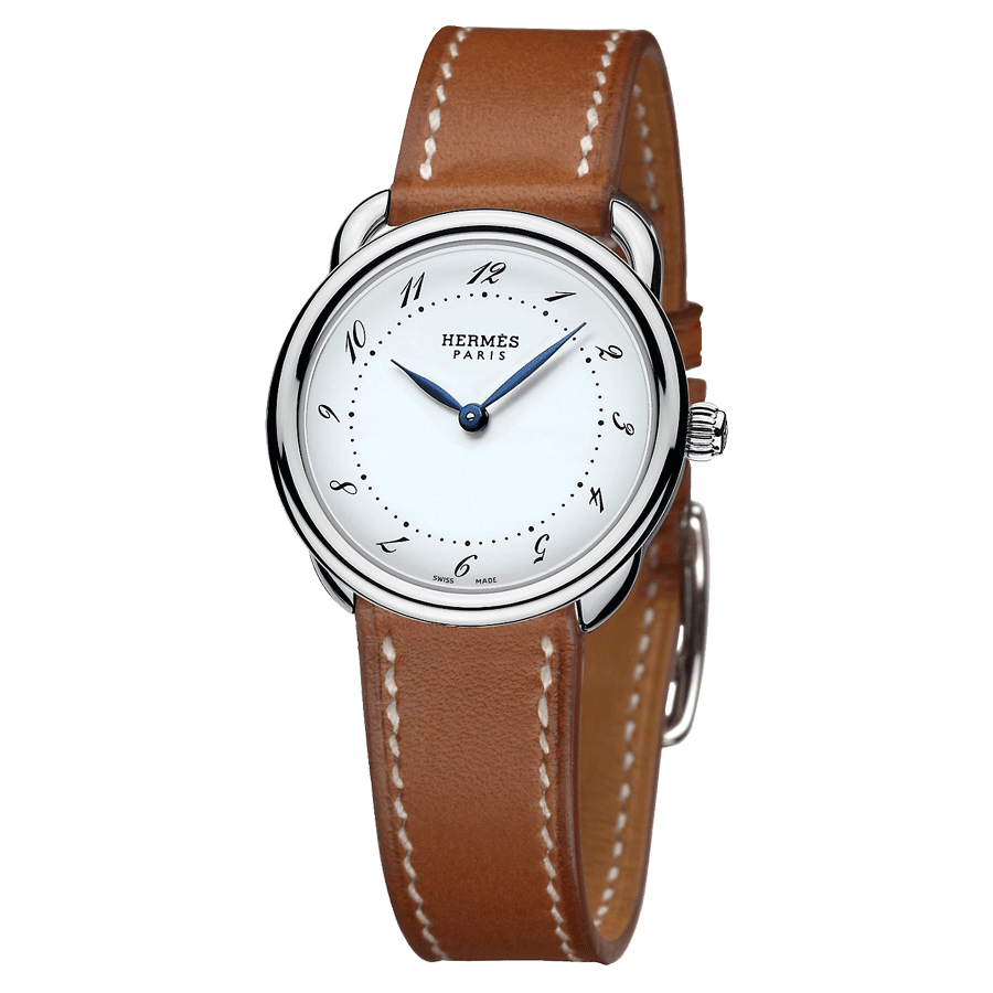 Montre HERMÈS Arceau Petit Modèle quartz cadran blanc mat bracelet cuir marron 28 mm W040135WW00