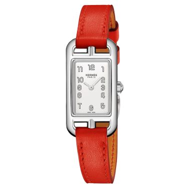 HERMÈS Nantucket Très Petit Modèle quartz watch silver opaline dial red leather strap 17 mm W044192WW00