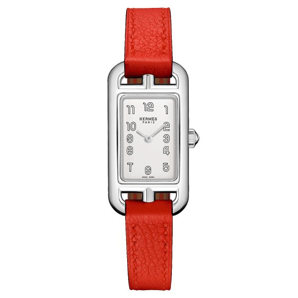 HERMÈS Nantucket Très Petit Modèle quartz watch silver opaline dial red leather strap 17 mm W044192WW00