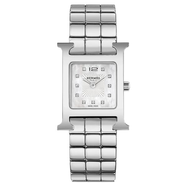 Montre HERMÈS Heure H Petit Modèle quartz index diamants cadran nacre blanche bracelet acier 25 mm W053014WW00